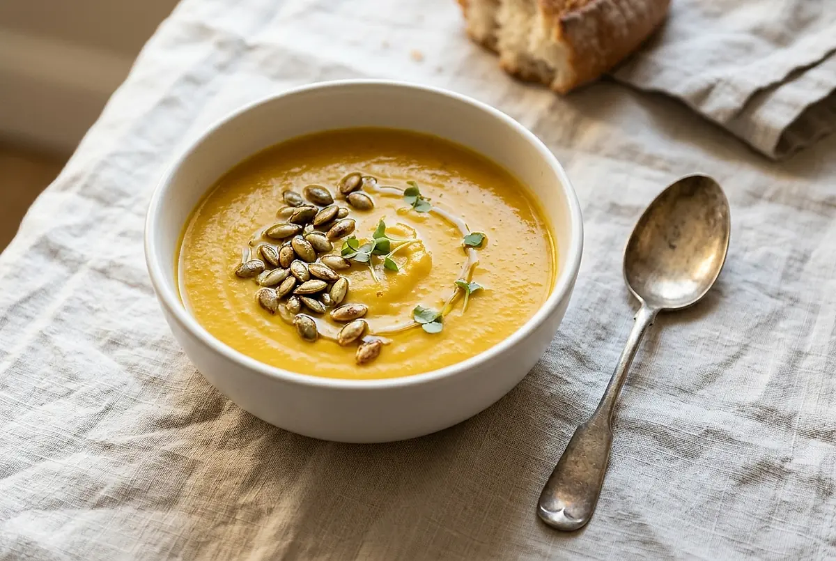 A bowl of golden squash soup with toasted pumpkin seeds