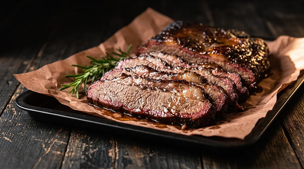 A sliced brisket with dark bark and a pink smoke ring, resting on butcher paper.
