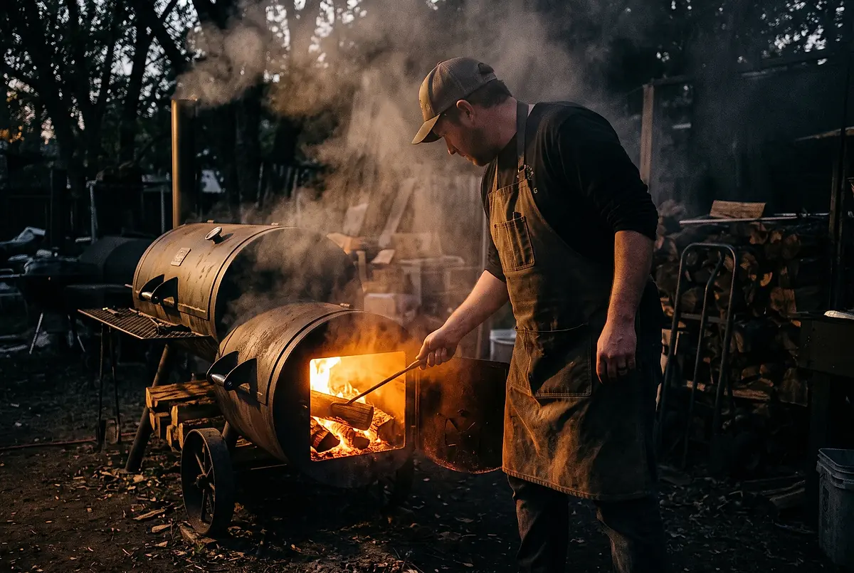 A pitmaster adding split wood to a smoking offset cooker in the evening.