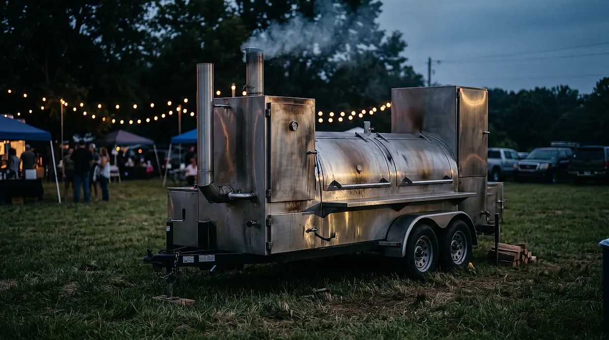 The smoker trailer parked on grass at an evening event, with smoke rising from the stack.