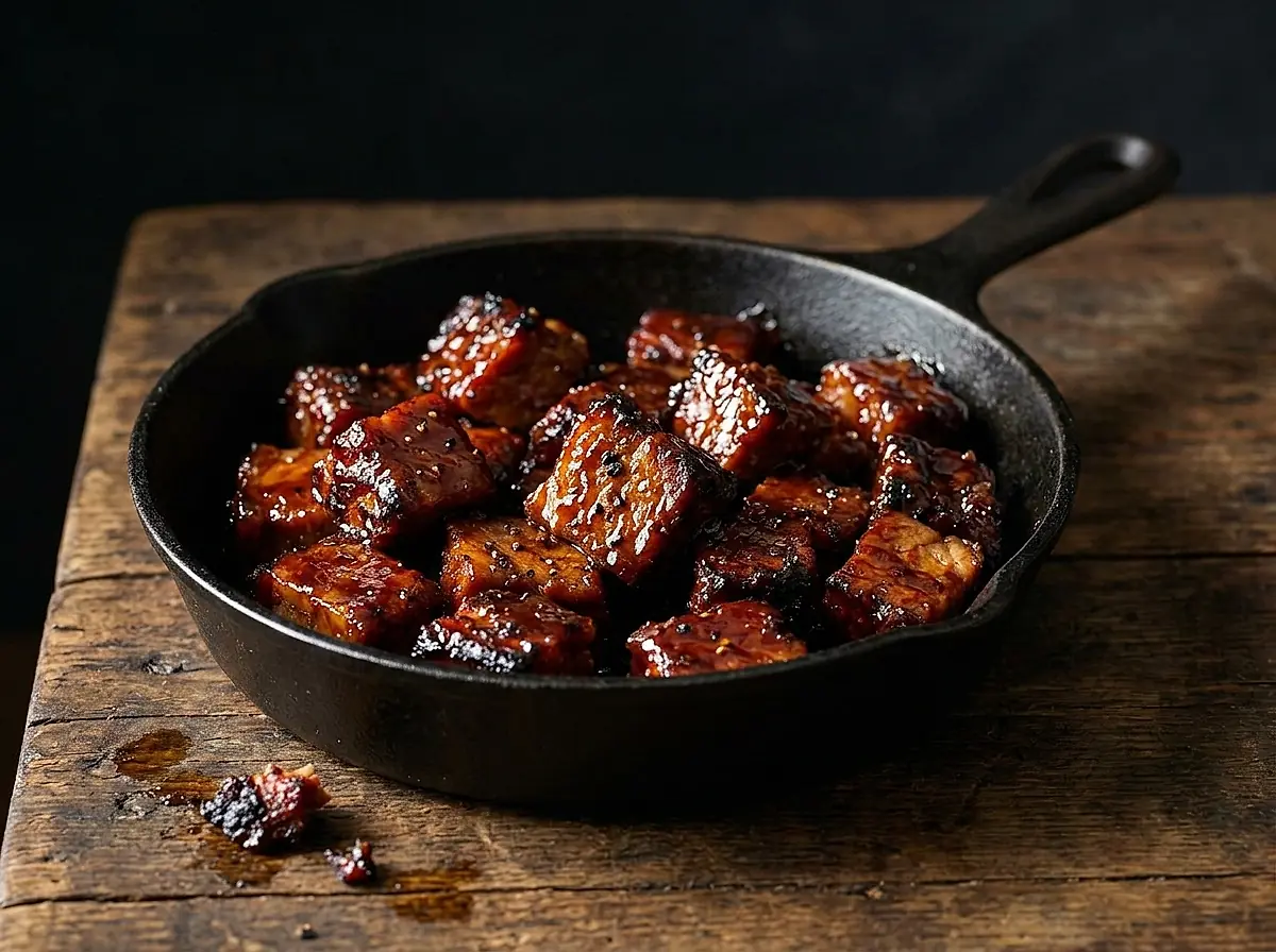 Glazed burnt ends in a cast iron skillet.