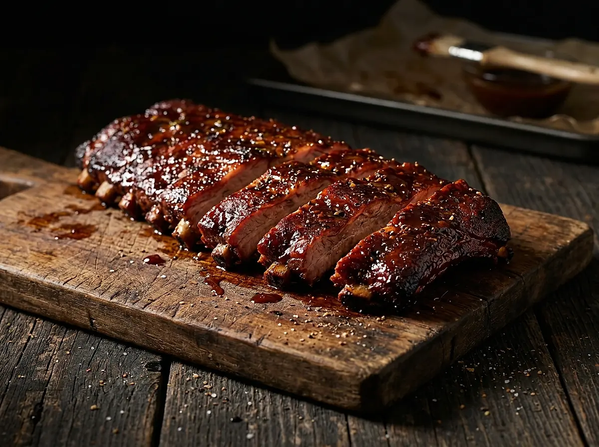 A sliced rack of glazed St. Louis ribs on a wooden board.