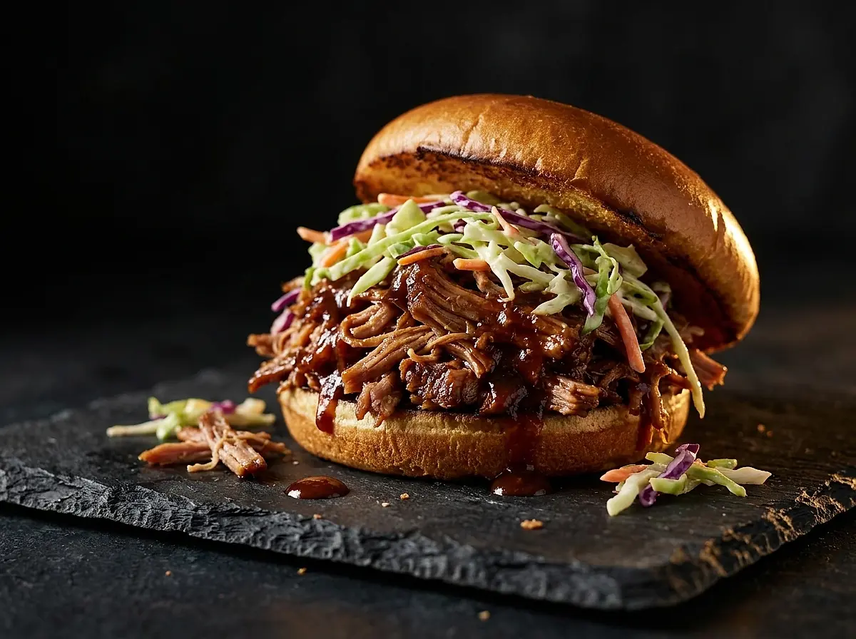A pulled pork sandwich topped with slaw on a dark plate.