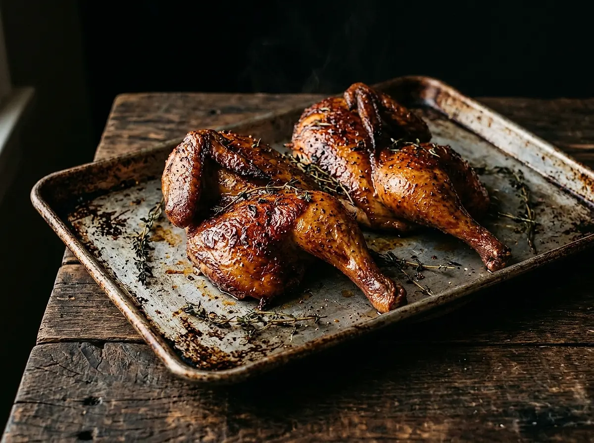 Two smoked chicken halves on a sheet pan.