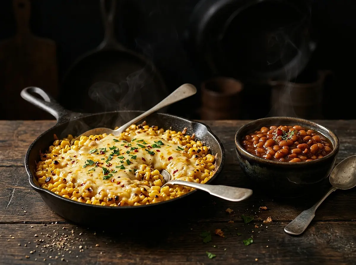 A skillet of cheesy corn beside a bowl of baked beans.