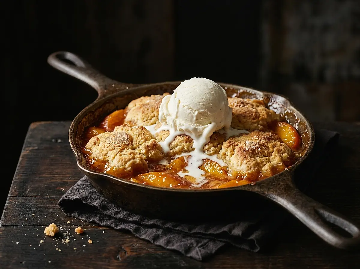 Peach cobbler in a cast iron skillet with melting ice cream.