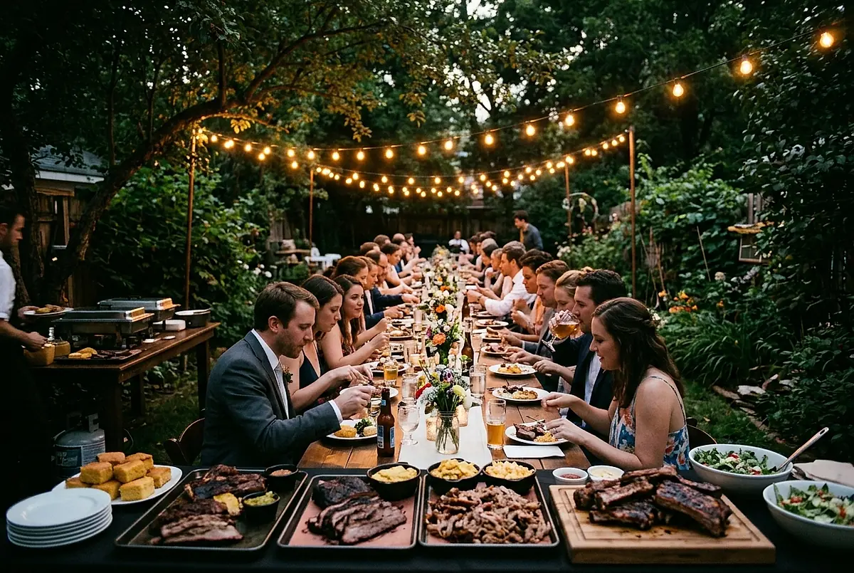 A long dinner table under string lights at an outdoor wedding reception.