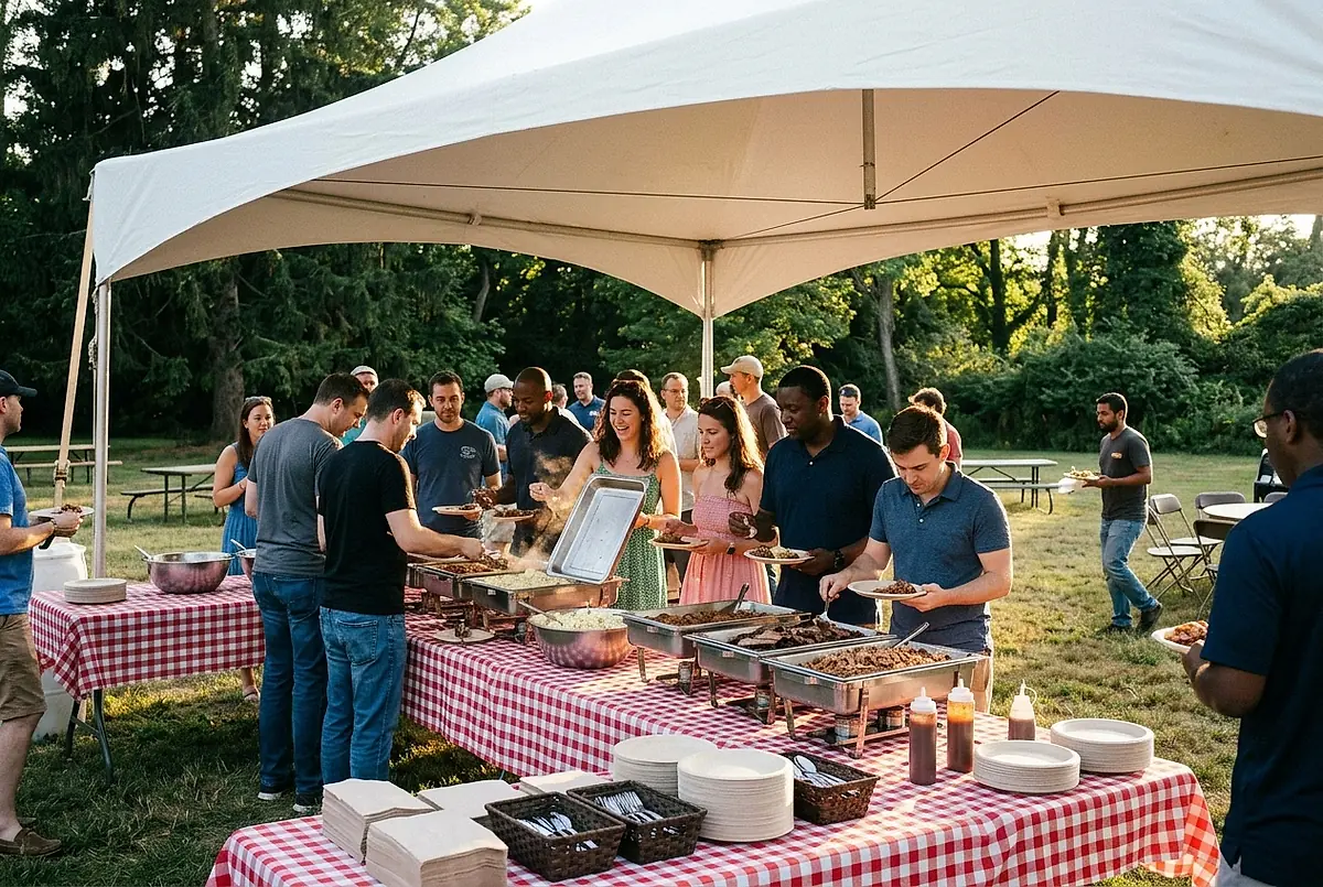 People serving themselves from a buffet line under a tent at a company picnic.