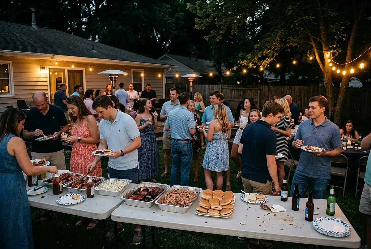 Guests getting plates of barbecue at a backyard graduation party in the evening.