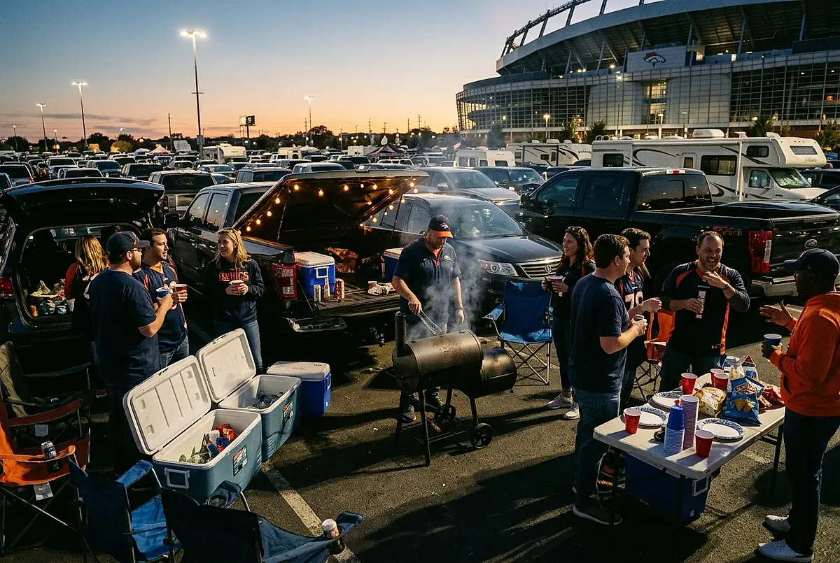 Fans gathered around a smoker and coolers in a stadium parking lot before a game.