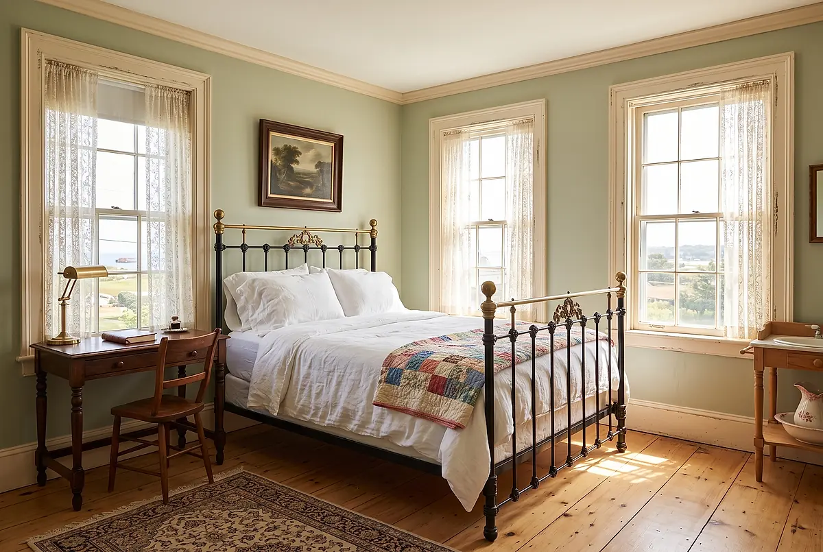 A guest bedroom: an iron bed with white linens, a writing desk under the window and morning light across the pine floor.