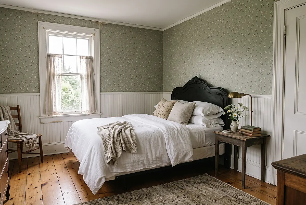 A guest room with white wainscoting, a green sprigged wall and a bed made up in white linen.