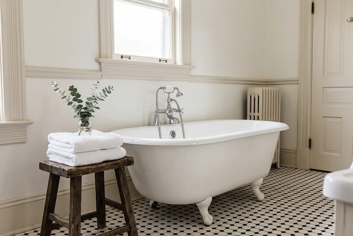 A clawfoot tub on a black and white tiled floor, with towels folded on a wooden stool.