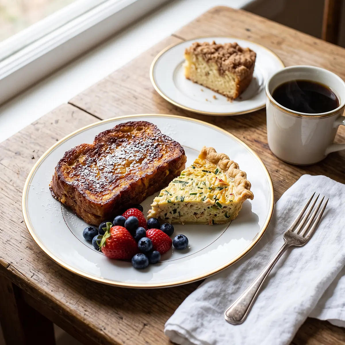 Baked French toast, quiche, fresh fruit, coffee and a slice of coffee cake on the breakfast table.