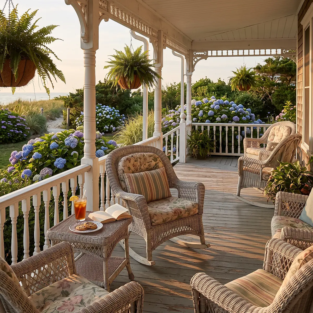 Wicker chairs and a side table with iced tea and cookies on the wraparound porch.