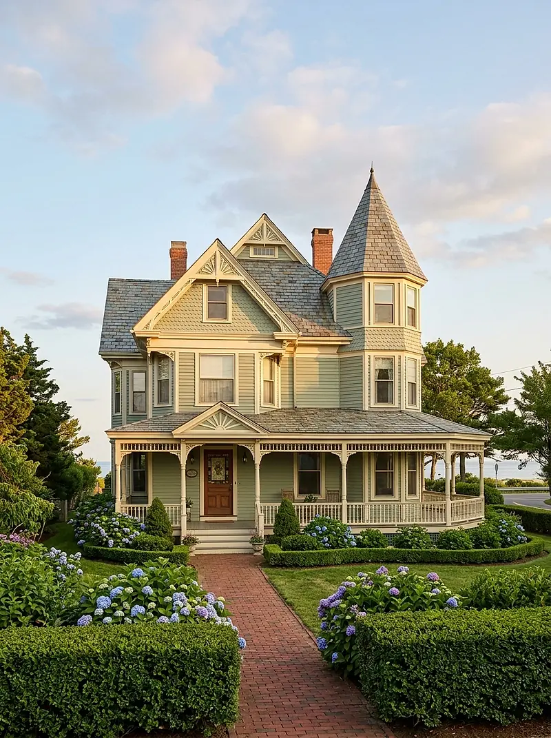 The inn from the front garden: three storeys of green clapboard with a turret and a wraparound porch.