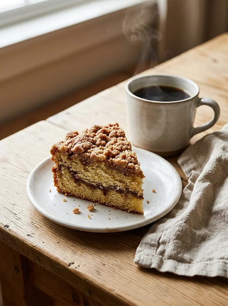 A slice of sour cream coffee cake on a plate beside a cup of coffee.