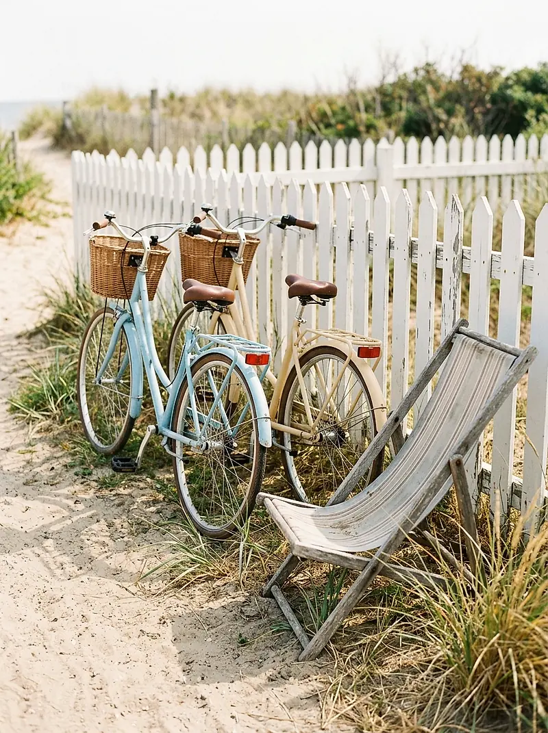 Two bicycles and a beach chair parked against the white picket fence.