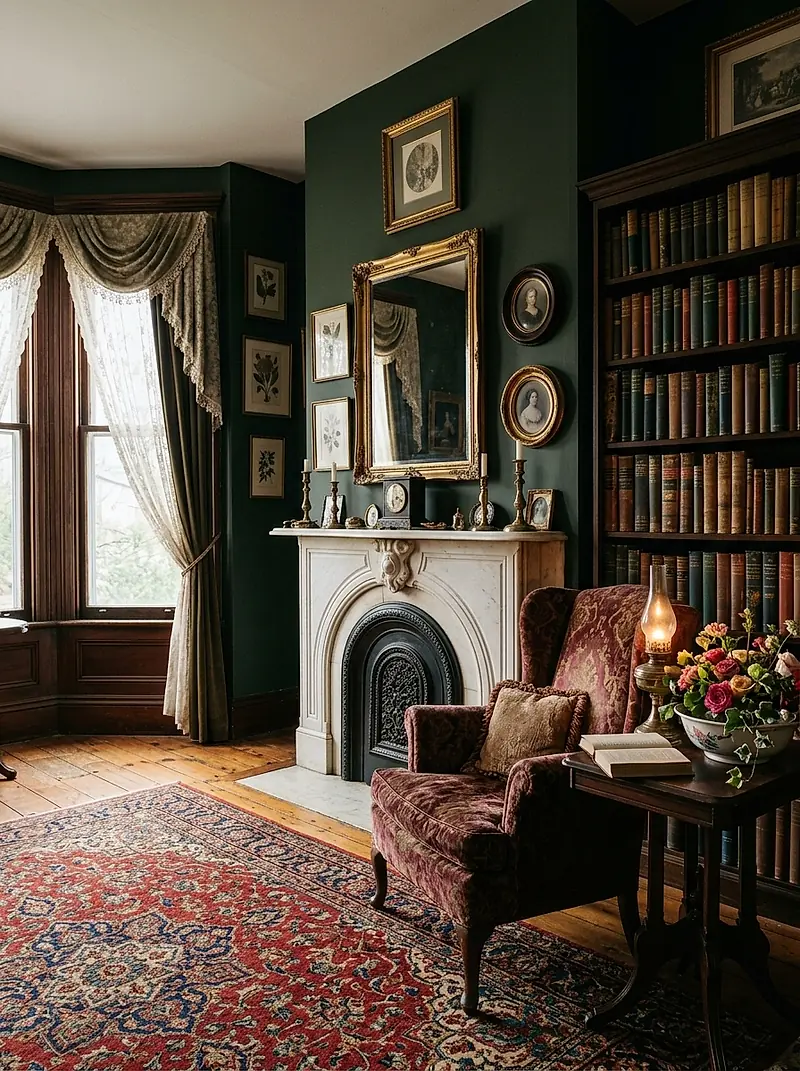 The parlour, with a marble mantel, dark green walls and a wall of old books.