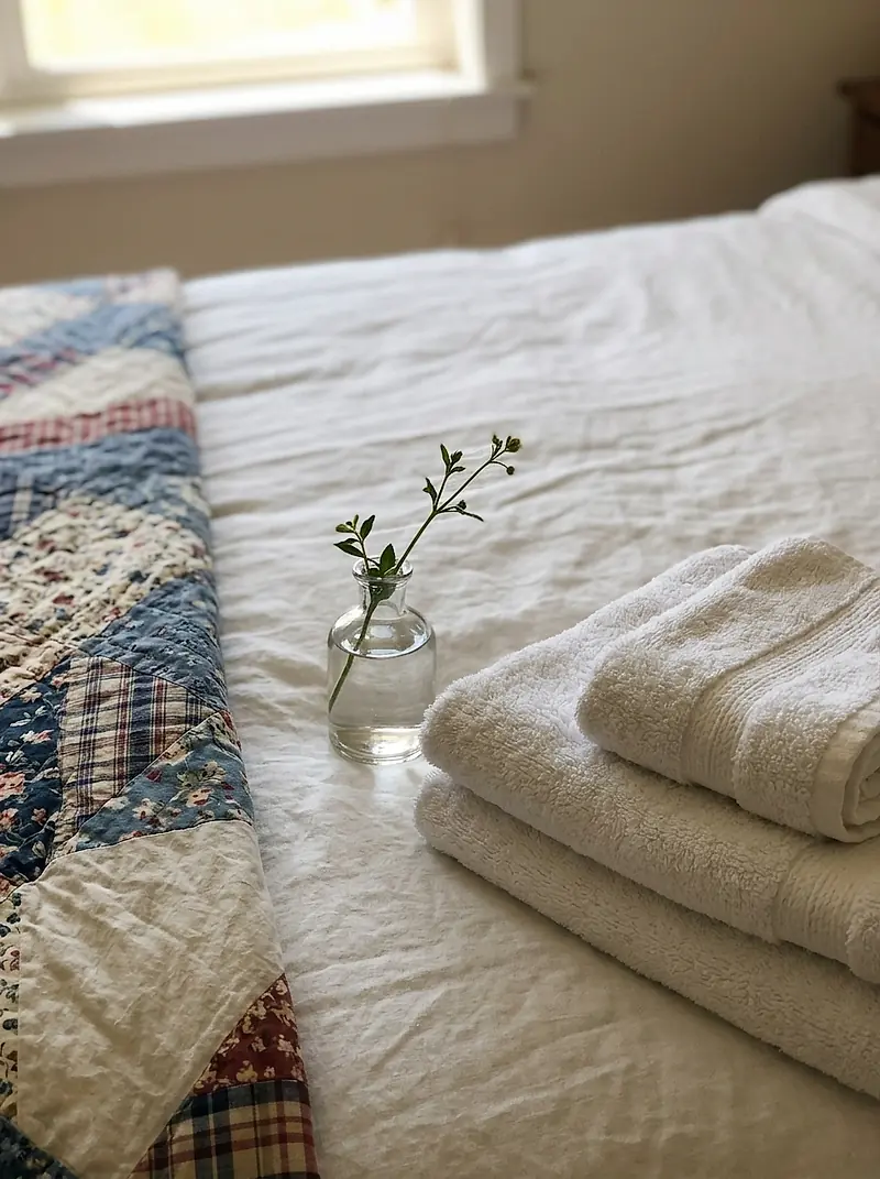 Folded towels on the end of a made bed, with a vase of flowers beside them.