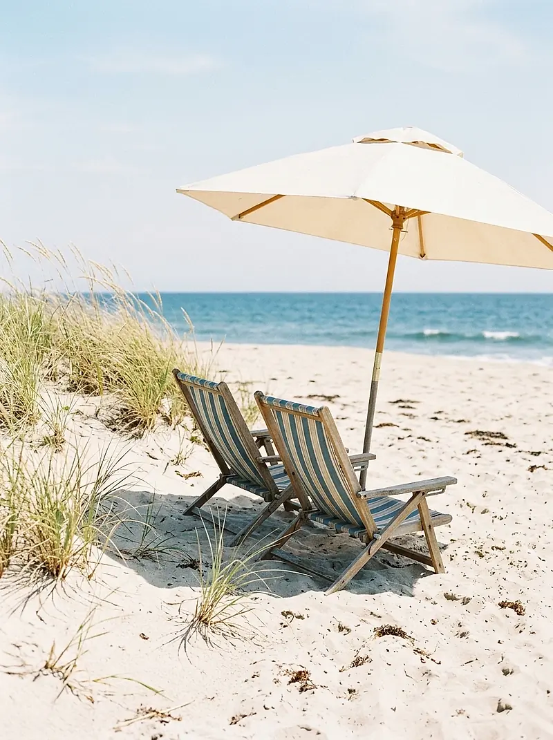 Striped beach chairs and an umbrella on the sand by the dunes.