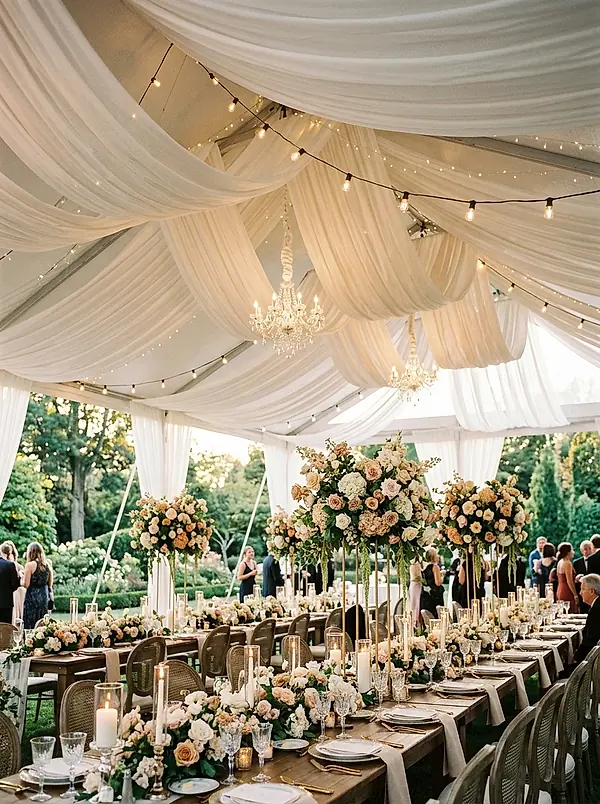 A long banquet table under a draped white tent