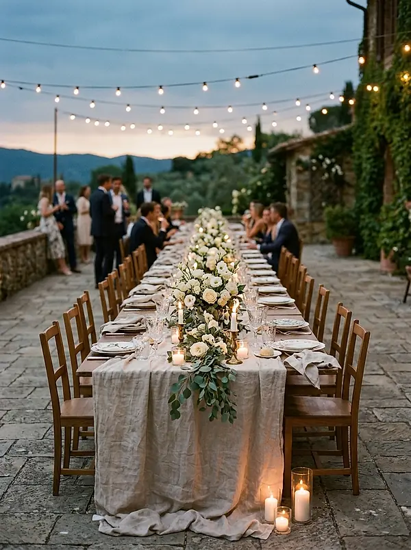 A long table set for a rehearsal dinner under string lights at dusk
