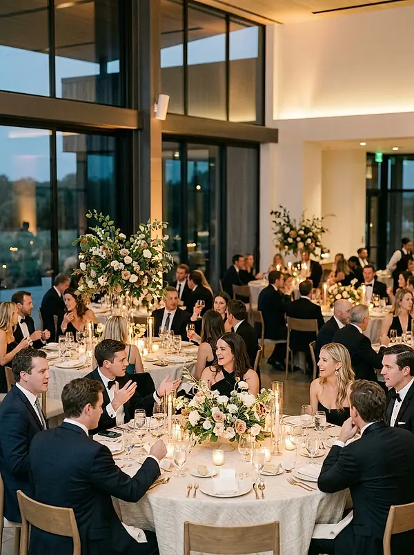 Guests seated at round tables with candlelight and flowers at a private dinner