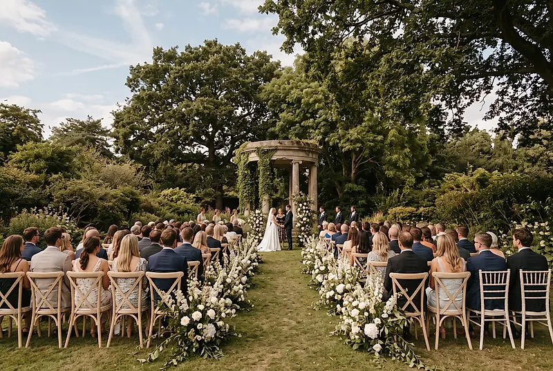 Guests seated for a garden wedding ceremony