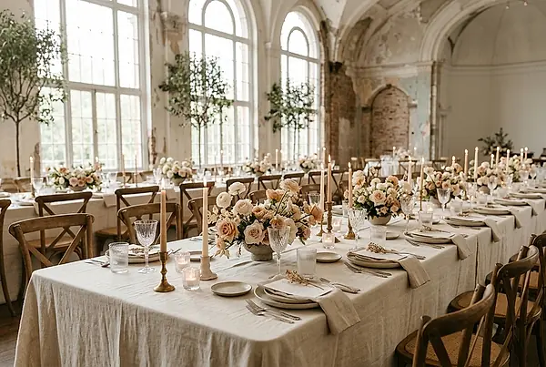 A reception table set with candles and low floral arrangements