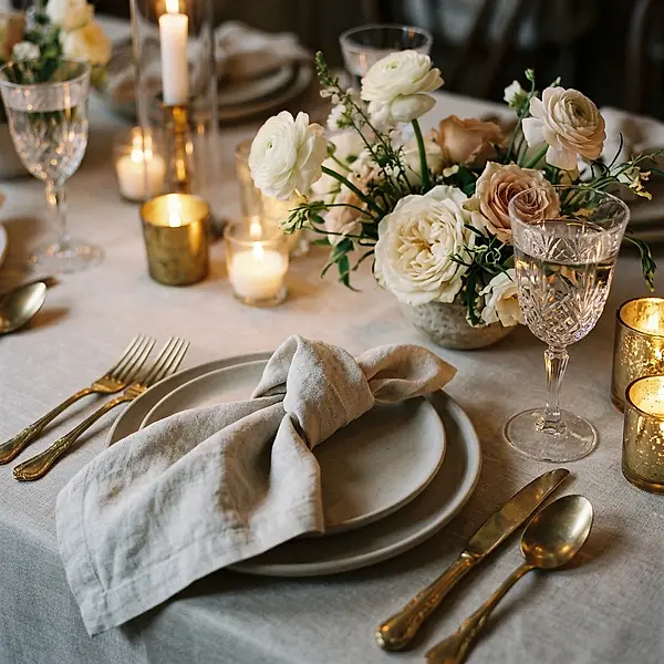A place setting with candles, glassware and a small flower arrangement