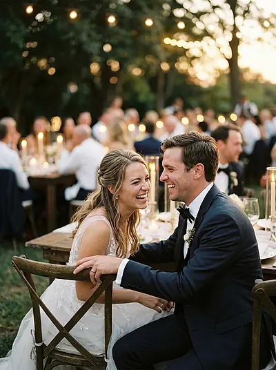 A bride and groom laughing together at their reception
