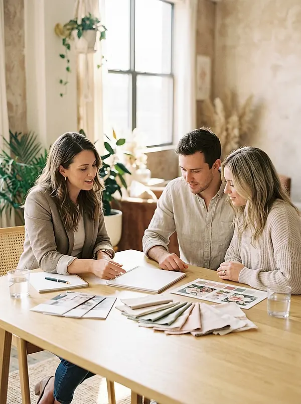 A planner going through plans with a couple at a table