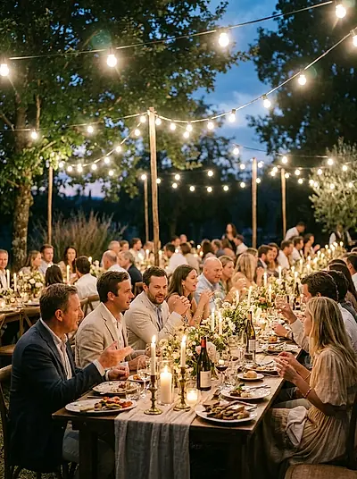 Guests at a candlelit dinner under festoon lights at dusk