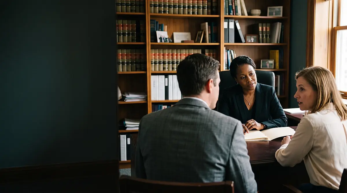 Two lawyers and a client in conversation around a table in a Savannah family law office