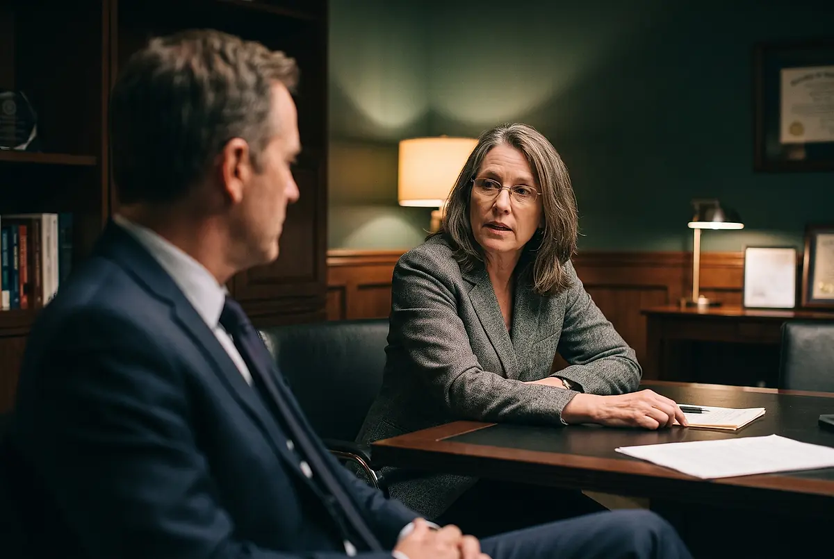 A woman in a grey blazer speaking with a man in a dark suit across a desk in a dim meeting room