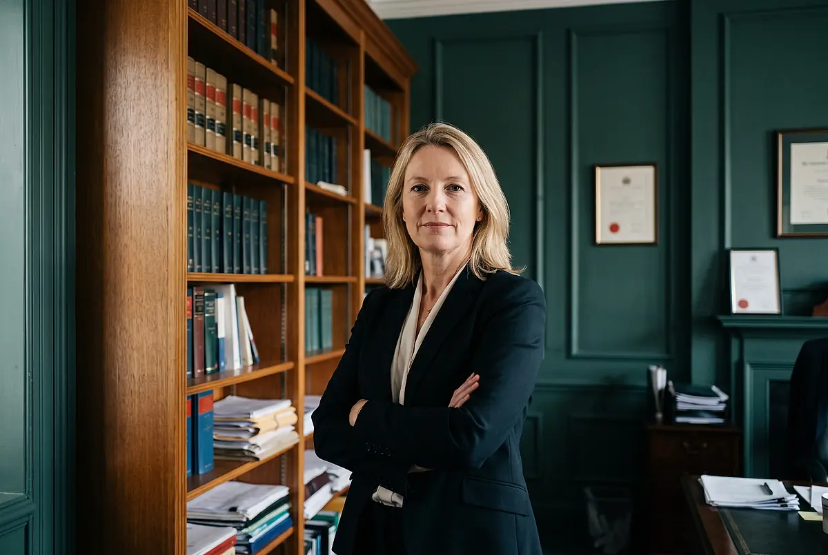 A lawyer standing in front of a bookcase in a panelled office