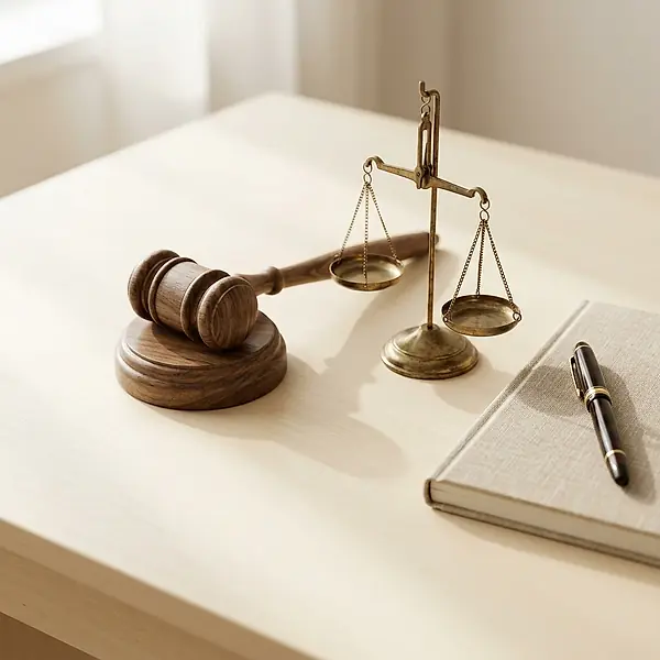 A gavel, scales of justice and a notebook on a desk