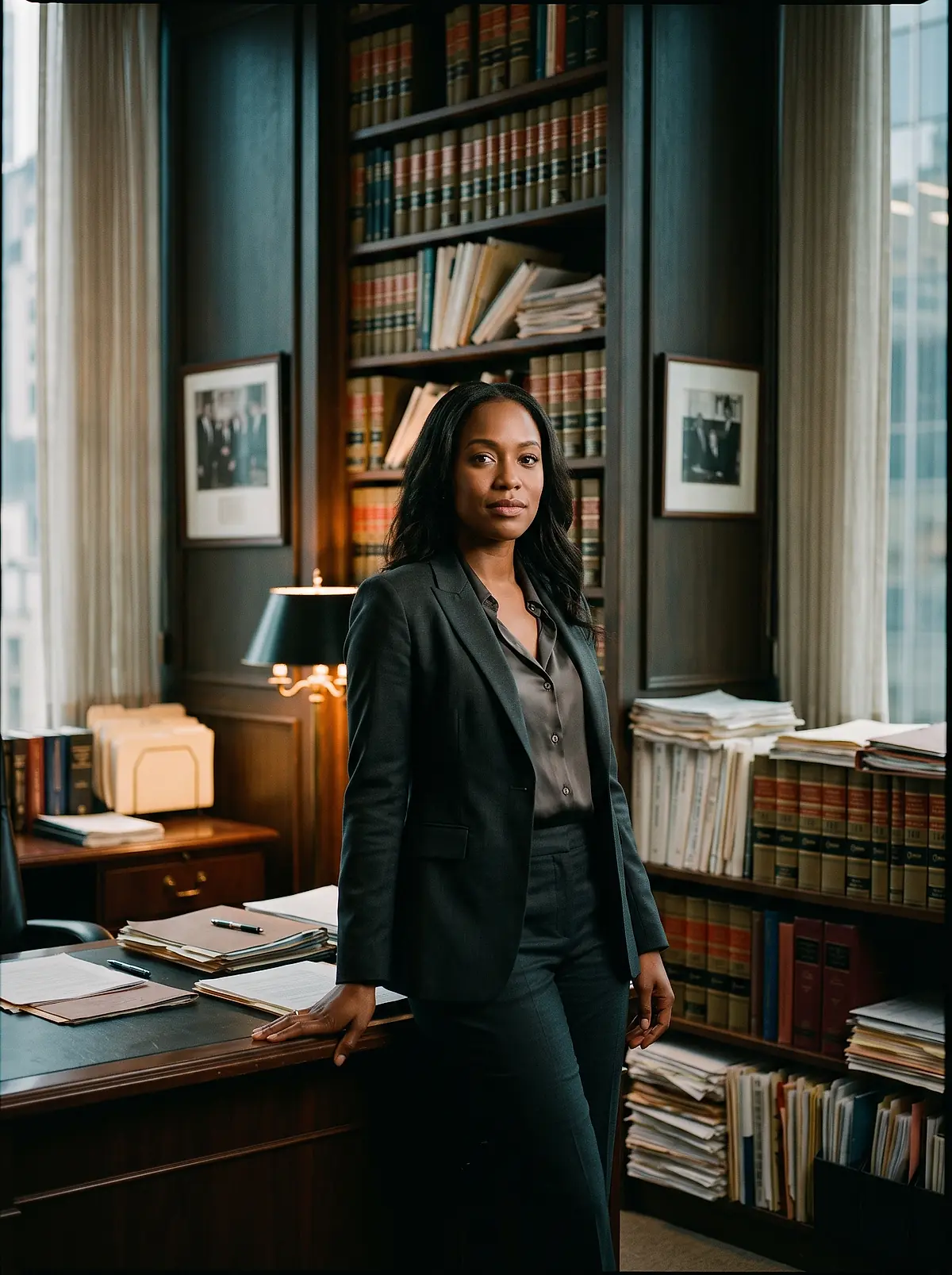 A lawyer in a dark suit standing beside a desk in an office lined with books