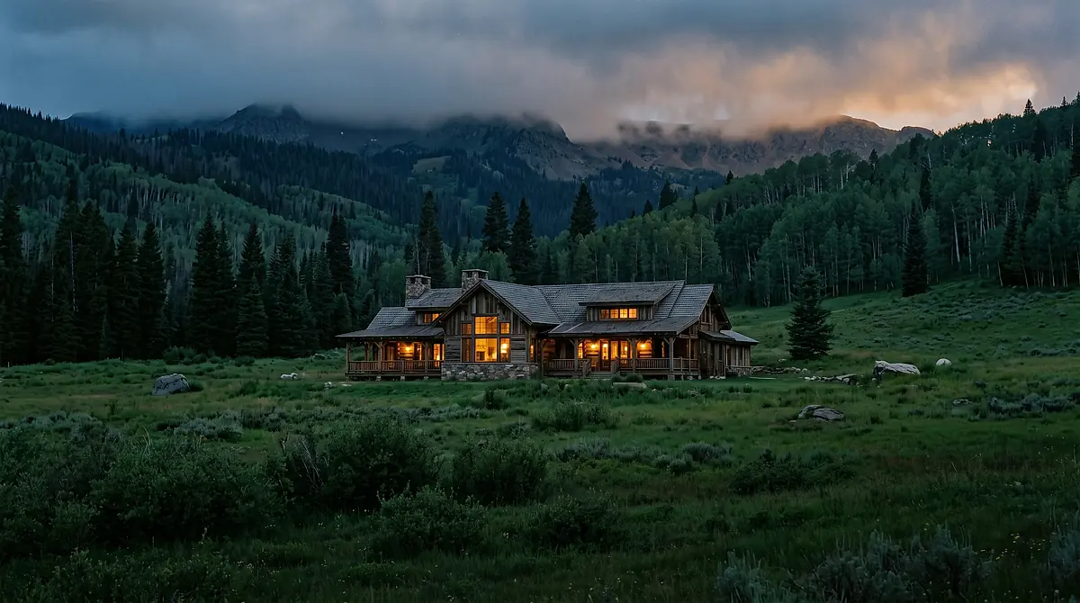 A timber lodge with its windows lit, standing in a mountain meadow at dusk