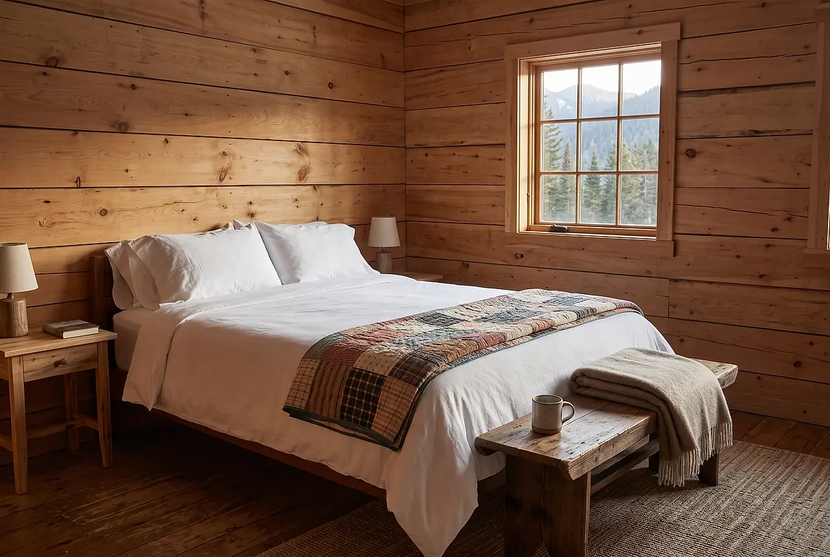A lodge bedroom with white linen, a folded quilt and a window onto the pines
