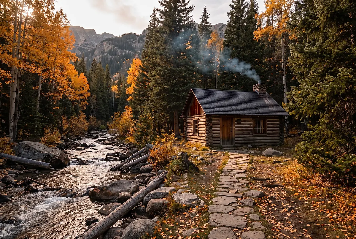 A log cabin beside a creek with smoke rising from the chimney