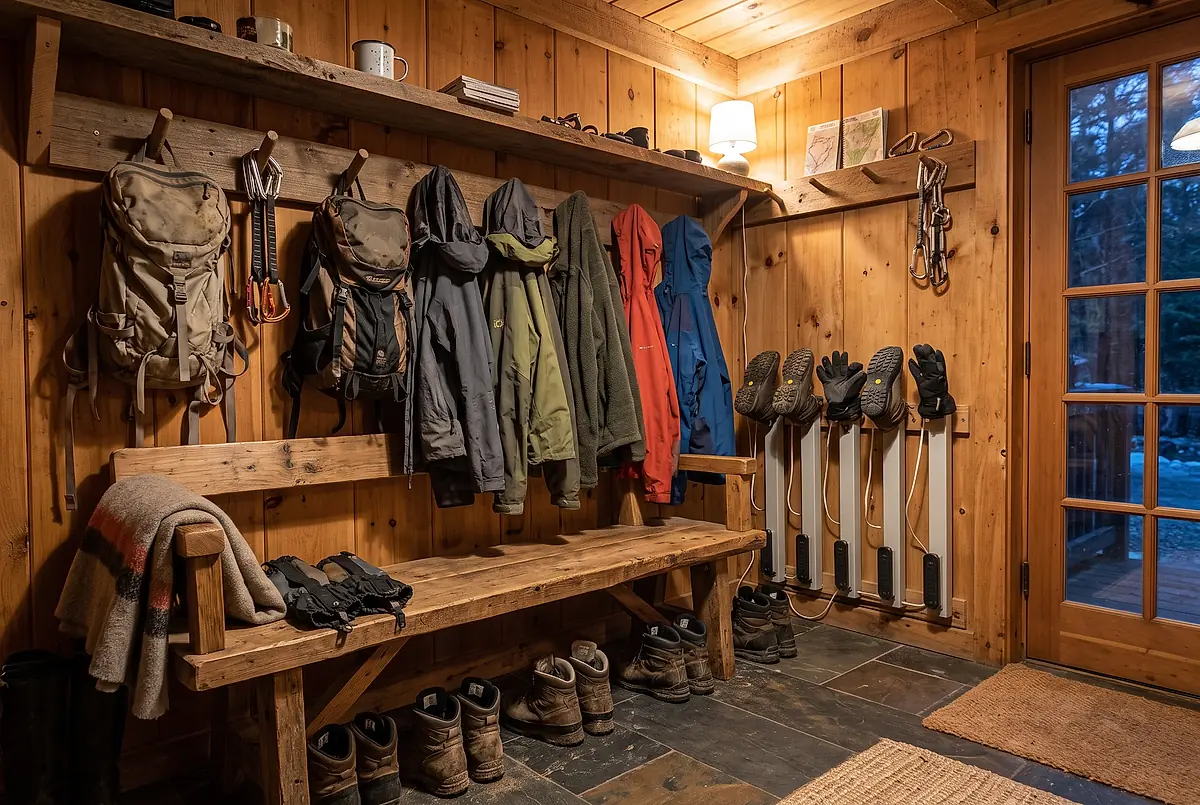A gear room with boots on a bench, packs and jackets on pegs and a row of boot dryers
