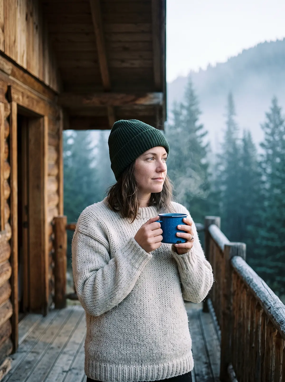 A guest in a wool sweater holding a mug on the cabin porch in cold morning air