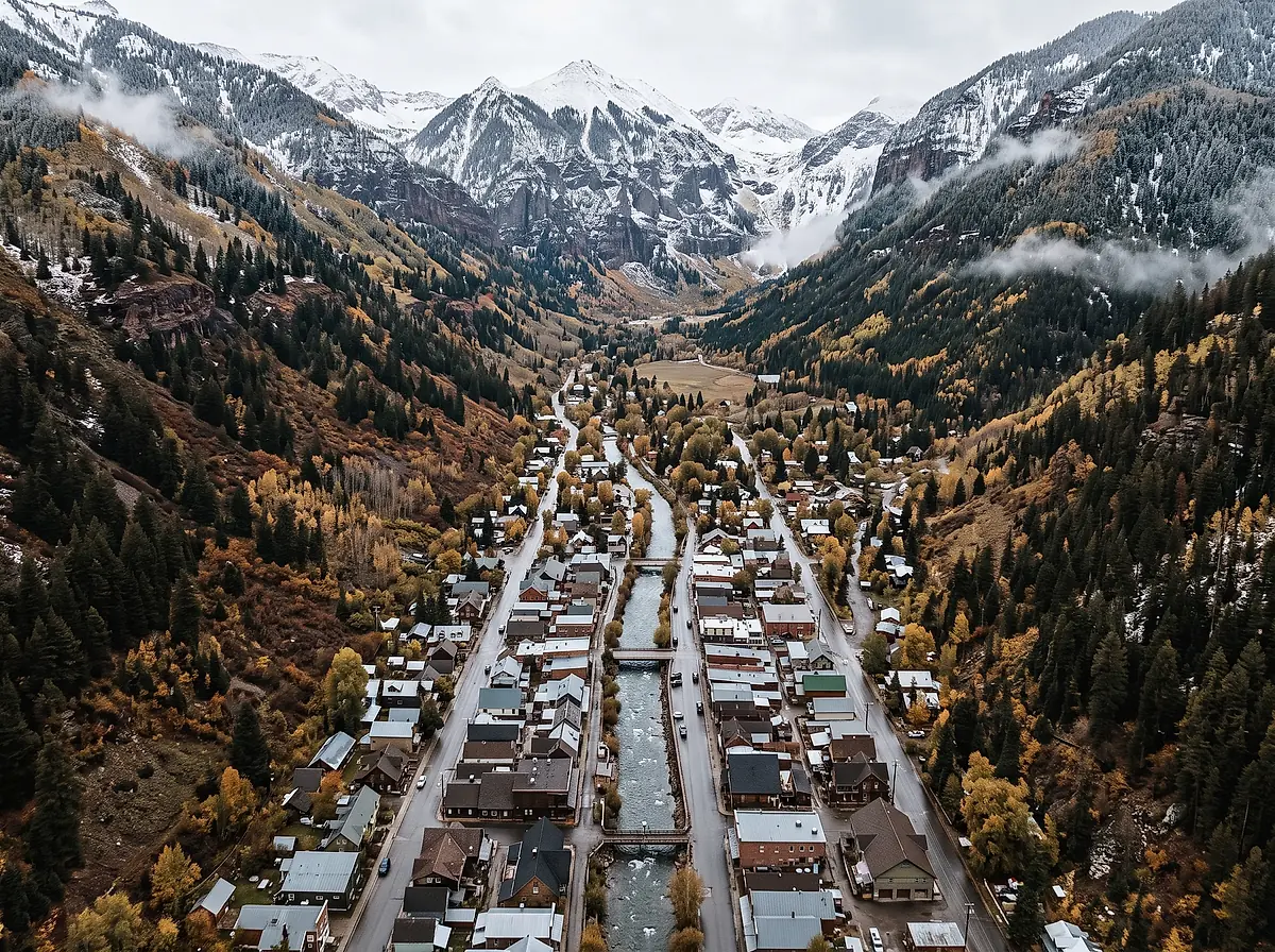 A small mountain town in a steep valley below snow dusted peaks