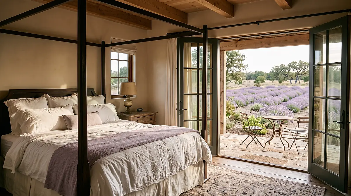 A canopy bed in a Casa Lavanda suite, with the doors open onto the lavender field