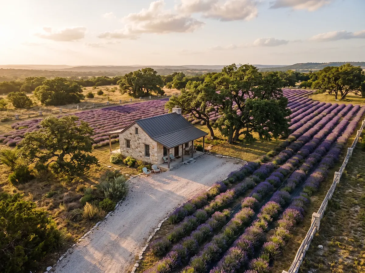 The guest house and its rows of lavender seen from above