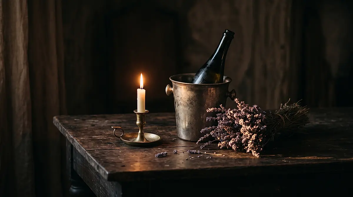 A candle, a chilled bottle and a bunch of dried lavender on a dark table