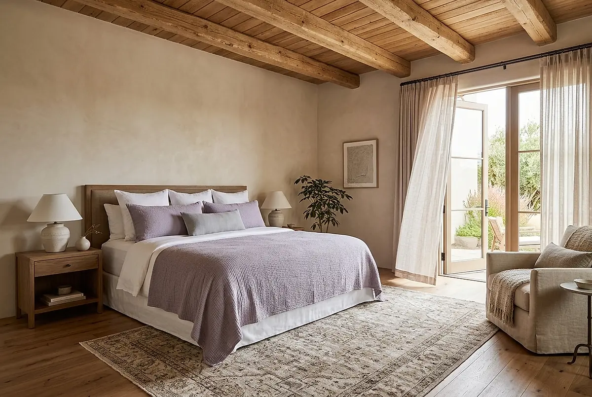 A king bed with white linen and a lavender throw in one of the suites