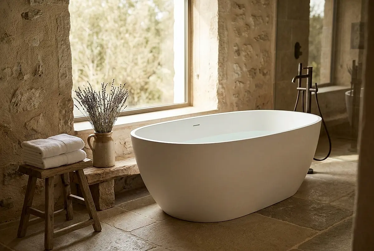 A white soaking tub beside a tall window in a stone bathroom